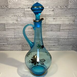 Vintage Aqua Blue Crystal Decanter 24kt Gold Stencil Accent from Romania